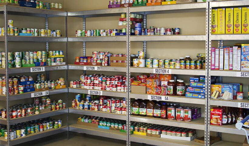 Organisiertes Vorratslager in einem Regalsystem mit beschrifteten Fächern (Section 1, 2A, 3, 4, 5A), gefüllt mit haltbaren Lebensmitteln in Dosen und Gläsern wie Gemüse, Obst, Saucen, Nudeln und Gewürzen – Beispiel für eine strukturierte und platzsparende Krisenvorsorge.