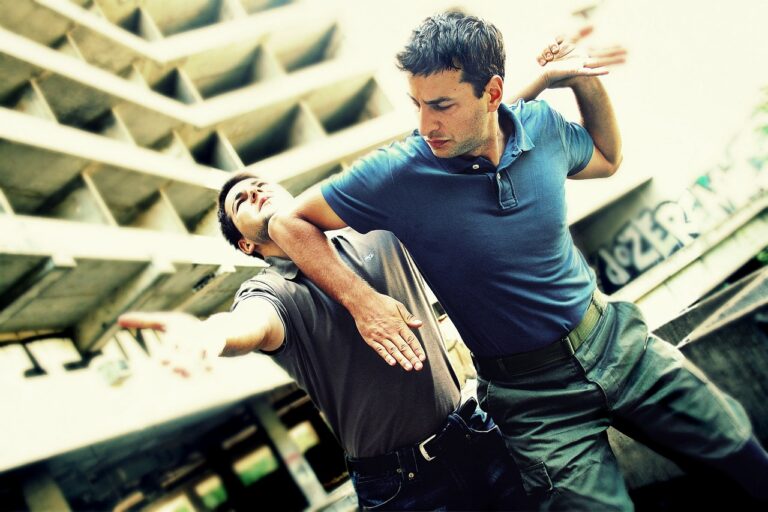 Zwei Männer bei einer Selbstverteidigungssituation im Freien: Ein Mann (in blauem Poloshirt) wendet einen Hebelgriff an, um einen Angreifer (in grauem T-Shirt) abzuwehren – Symbolbild für Selbstverteidigungstechniken und physische Abwehr in Notwehrsituationen.